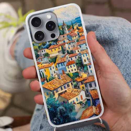 Dorp - Heuvels - Landschap - Bomen Hoesje iPhone 16 Pro Max met koord klein -sfeer3