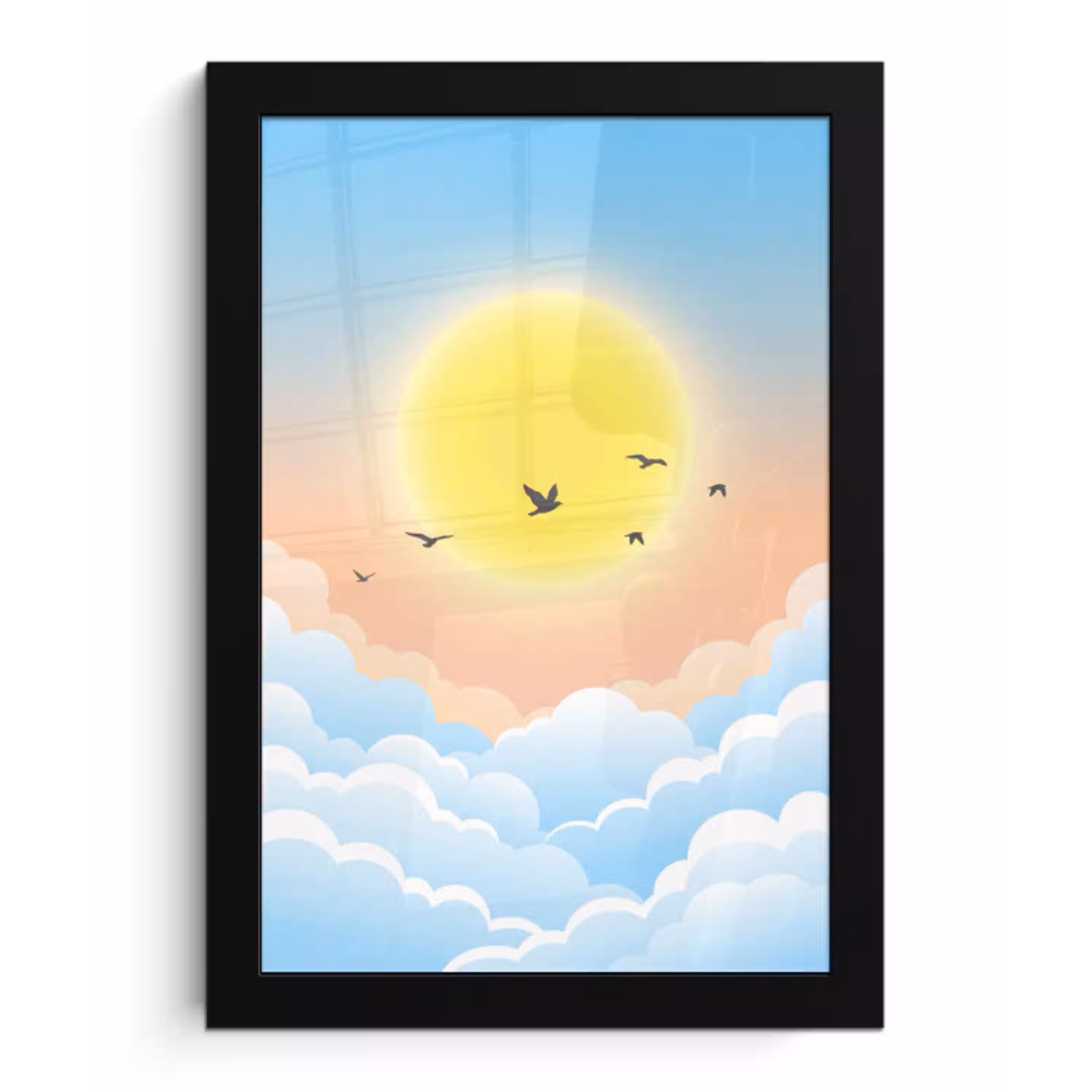 Zon - Vogels - Lucht - Natuur - Geel fotolijst zwart zonder passe partout klein -3d