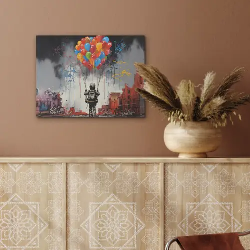 Jongen - Ballonnen - Gebouwen - Kunst PET vilt klein -sfeer4