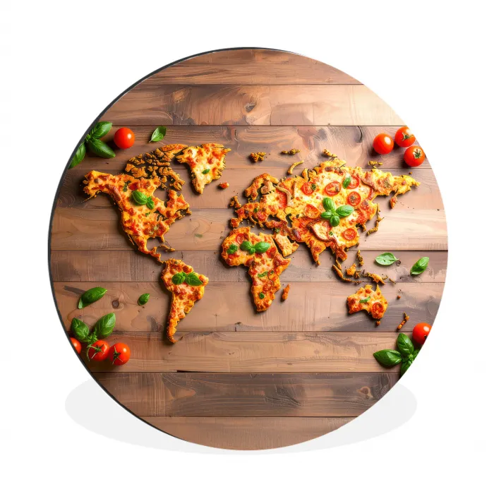 Wereldkaart - Pizza - Houten ondergrond Wandcirkel aluminium klein -3d
