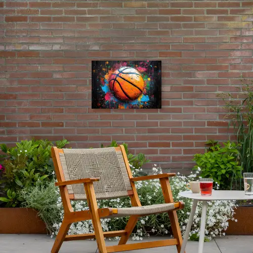 Basketbal in Kleurrijke Spatten Tuinposter op houten frame 2 cm dik klein -sfeer3