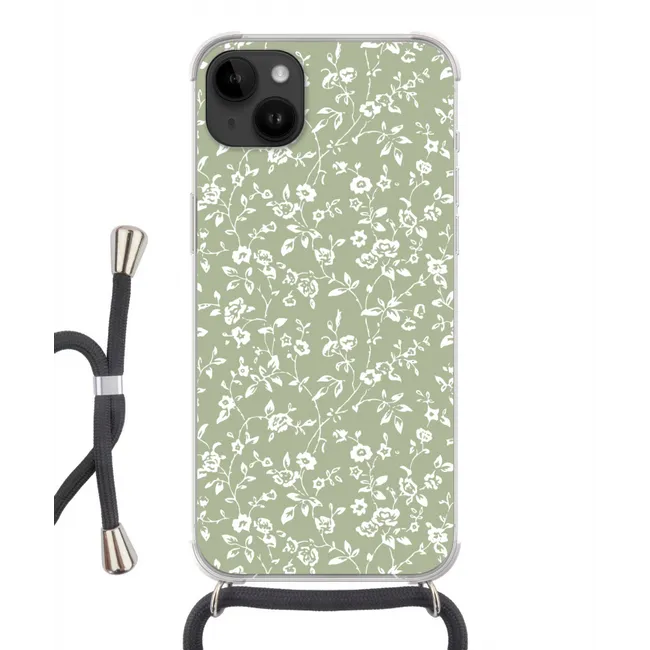 Telefoonhoesje met koord - Bloemen - Print - Groen - Wit