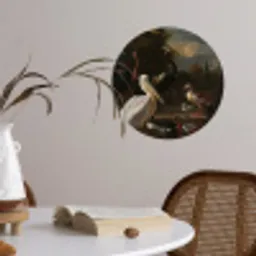 Een pelikaan en ander gevogelte bij een waterbassin - Schilderij van Melchior d'Hondecoeter Wandcirkel behangsticker klein -sfeer3