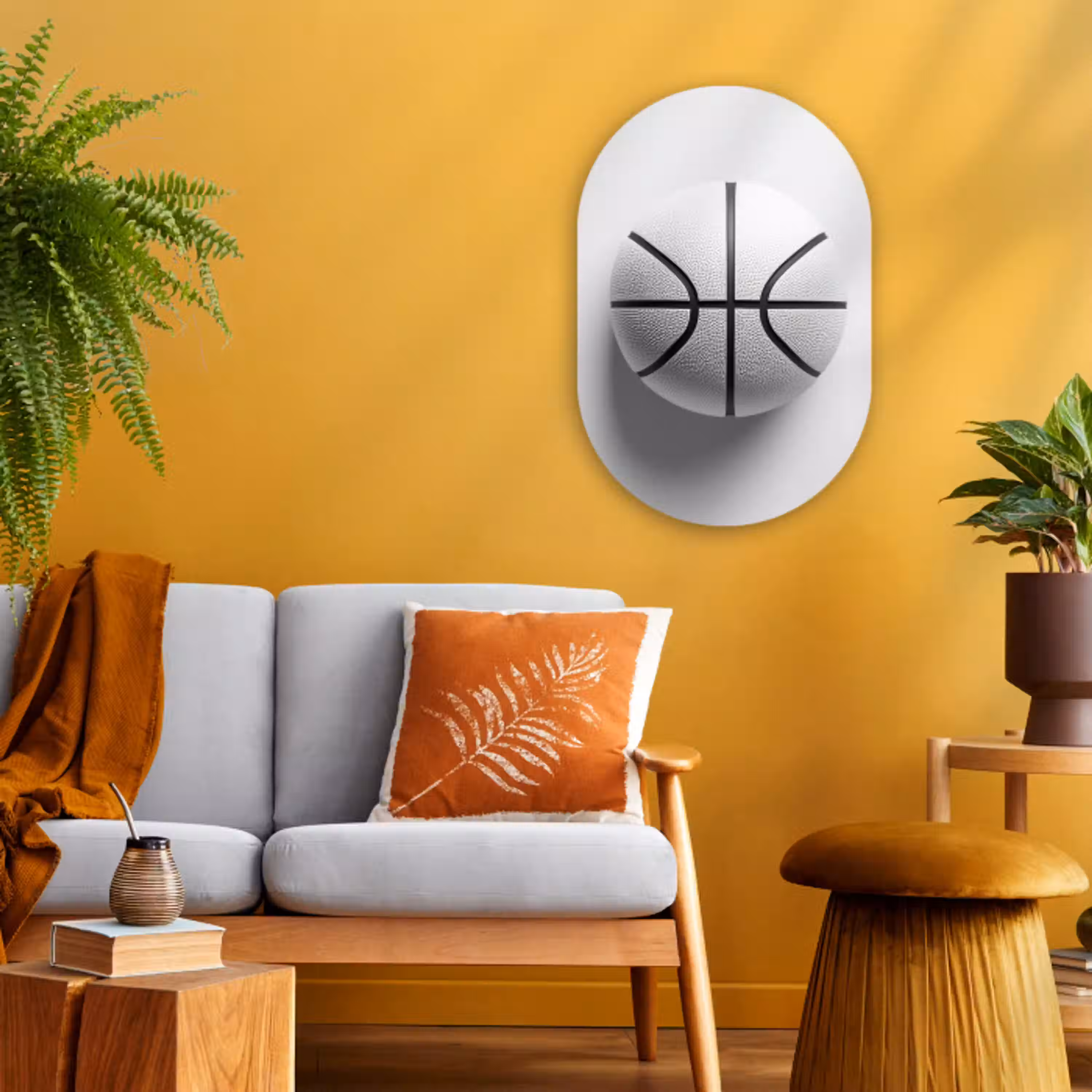 Basketbal - Wit - Schaduw - Lijnen Wandcirkel Ovaal Forex klein -sfeer4