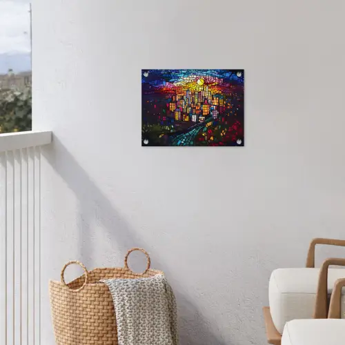 Stad - Maan - Mozaïek - Kleurrijk tuinposter los doek klein -sfeer8