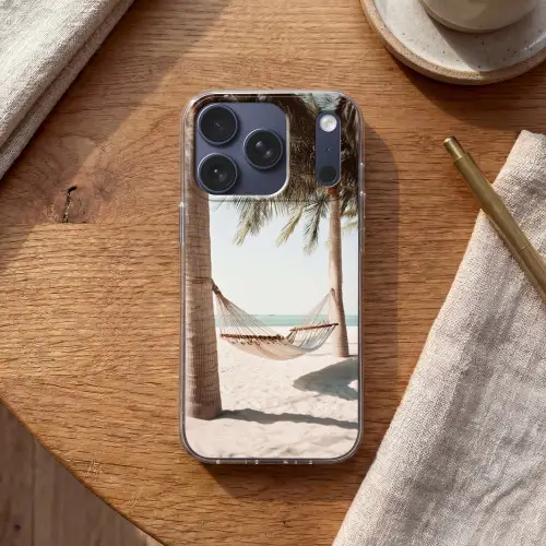 Hangmat - Palmbomen - Strand - Zee Telefoonhoesje iPhone 17 Pro klein -sfeer1