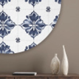 Tegelmotief - Blauw - Wit - Bloem Akoestische PET Vilt - Rond klein 838 -sfeer5_closeup