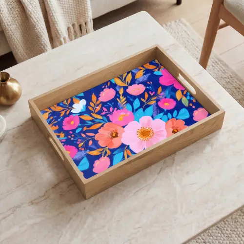 Bloemen - Blauw - Roze Dienblad Rechthoek middel -sfeer1