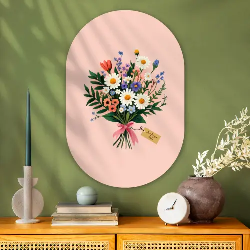Margrieten - Boeket - Strikje - Roze Wandcirkel Ovaal Glas middel -sfeer2