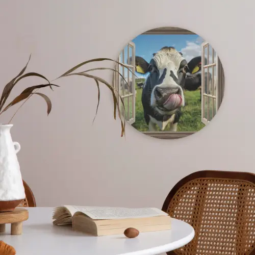 Doorkijk - Koe - Weiland - Dieren - Natuur Akoestische PET Vilt - Rond klein -sfeer3