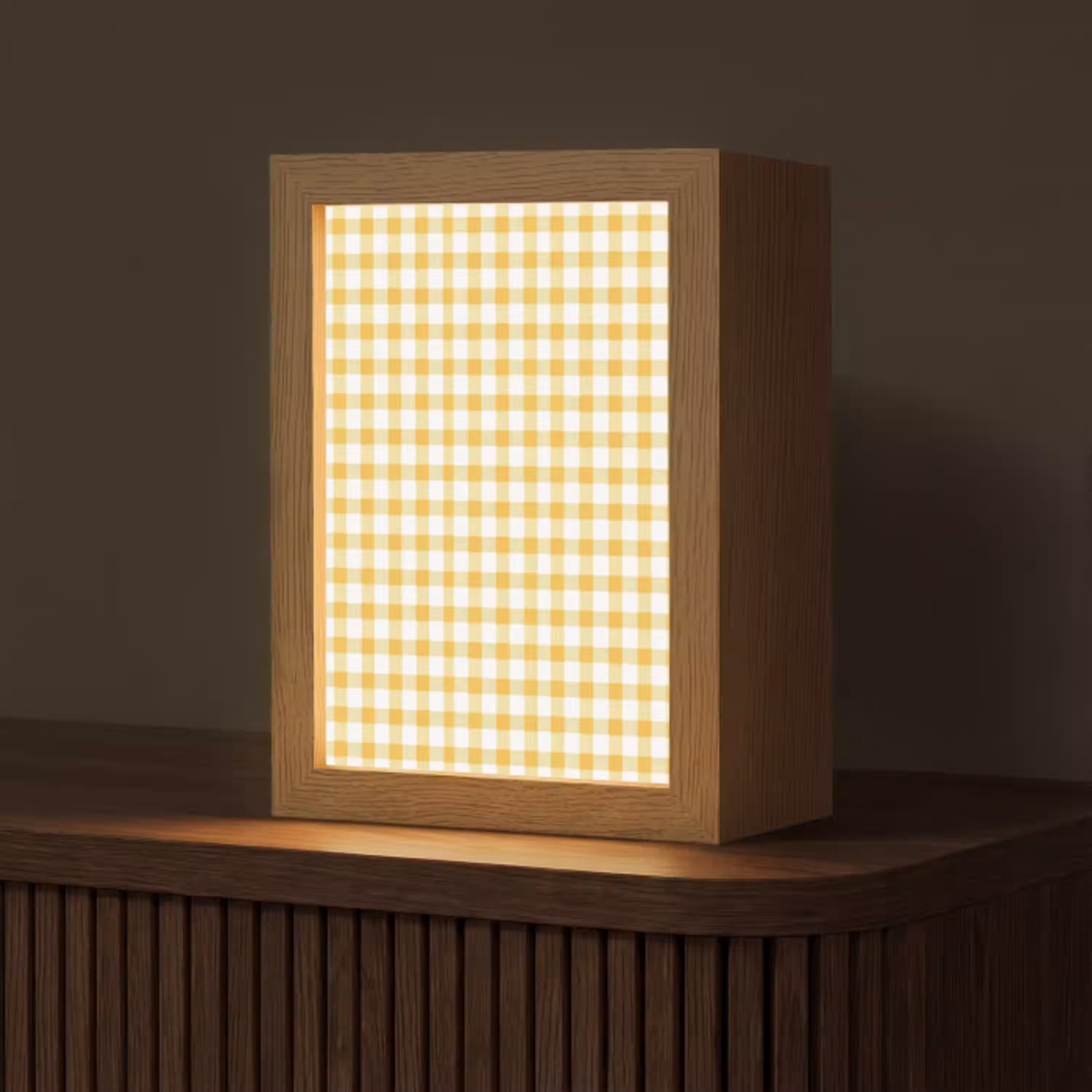 Ruit - Gingham - Klassiek - Geel en Wit Light Box met kabel (Tafellamp) klein 925 -z3d_website