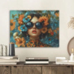 Vrouw - Bloemen - Oranje - Blauw - Modern PET vilt klein -sfeer1