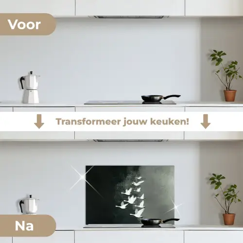 Vogel - Japandi - Groen keuken achterwand spatscherm klein -voor_na_NL