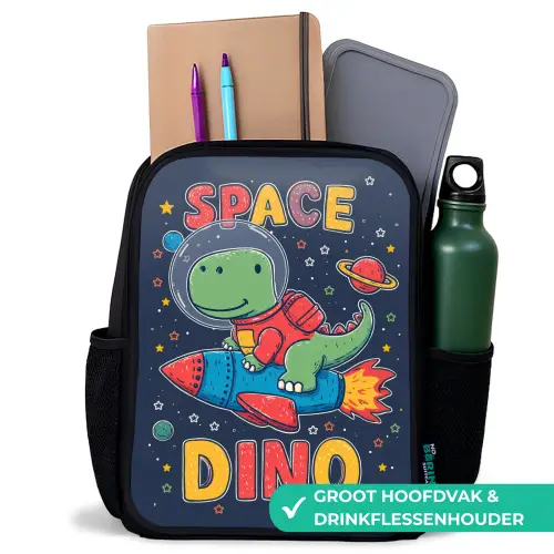Dino - Raket - Kleurrijk Rugzak - Zwart middel -inhoud_NL