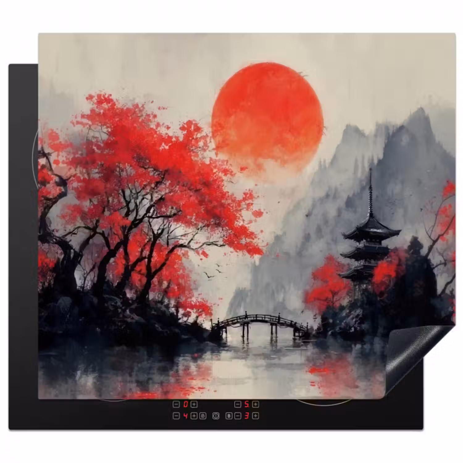 Herdabdeckplatte - Rote Sonne - Fluss - Brücke - Bäume