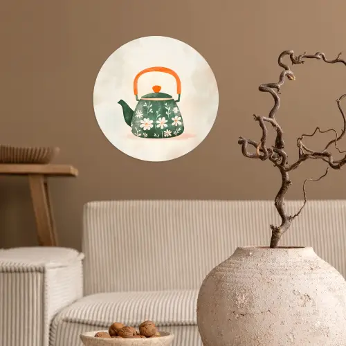 Theepot - Groen - Bloemen - Oranje Wandcirkel behangsticker klein -sfeer1