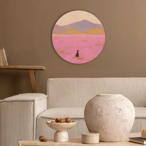 Bloemenweide - Heuvels - Silhouet - Roze Akoestische PET Vilt - Rond klein -sfeer1