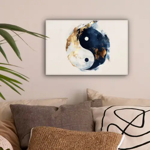 Yin Yang - Abstract - Zwart - Wit - Goud canvas 2cm klein -sfeer1