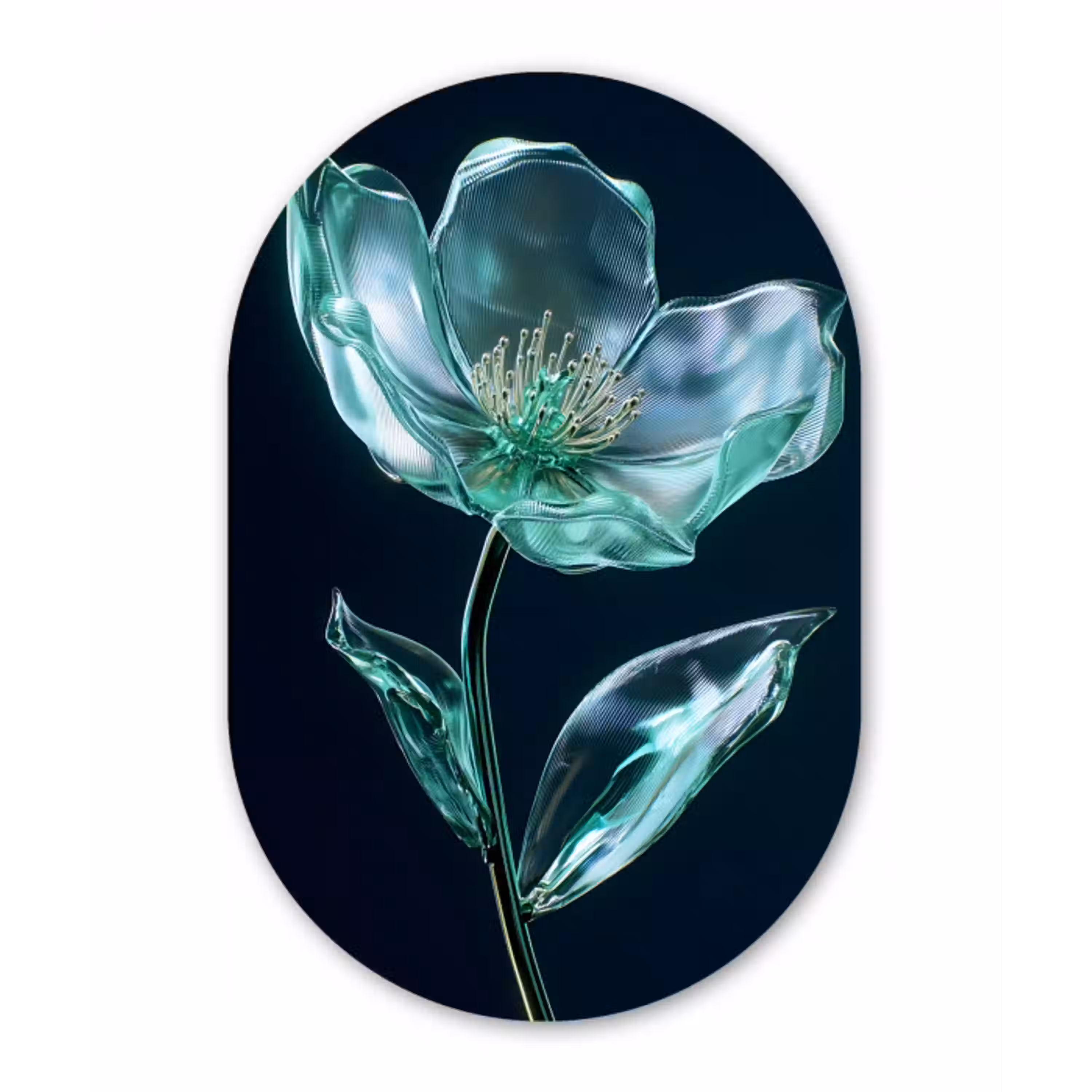 Bladeren - Bloem - Glazen - Donkerblauw Wandcirkel Ovaal Aluminium middel -3d
