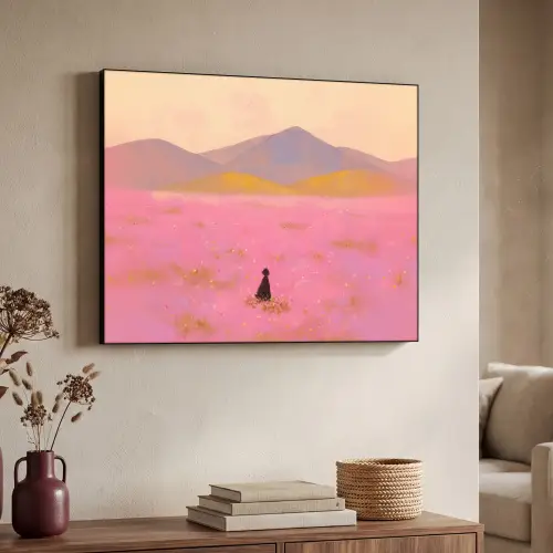 Bloemenweide - Heuvels - Silhouet - Roze Textielframe zwart klein -sfeer3
