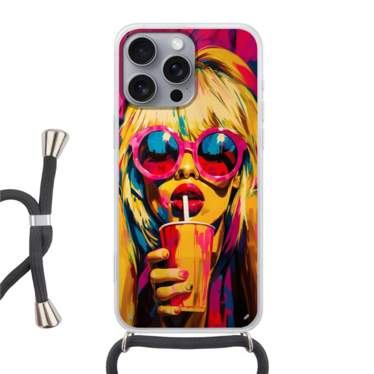 Zonnebril - Roze - Vrouw - Rietje Hoesje iPhone 16 Pro Max met koord klein -3d