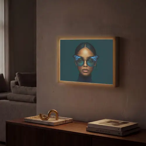 Vrouw - Vlinder - Bril - Blauw - Modern - Portret Light Box met batterij (Wandlamp) middel -sfeer1