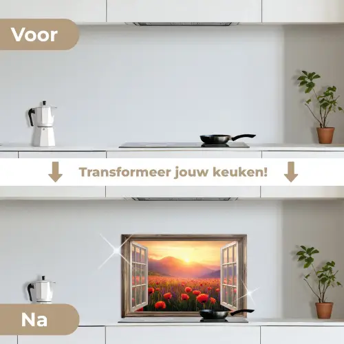 Doorkijk - Klaprozen - Bloemen - Rood - Open raam keuken achterwand spatscherm klein -voor_na_NL