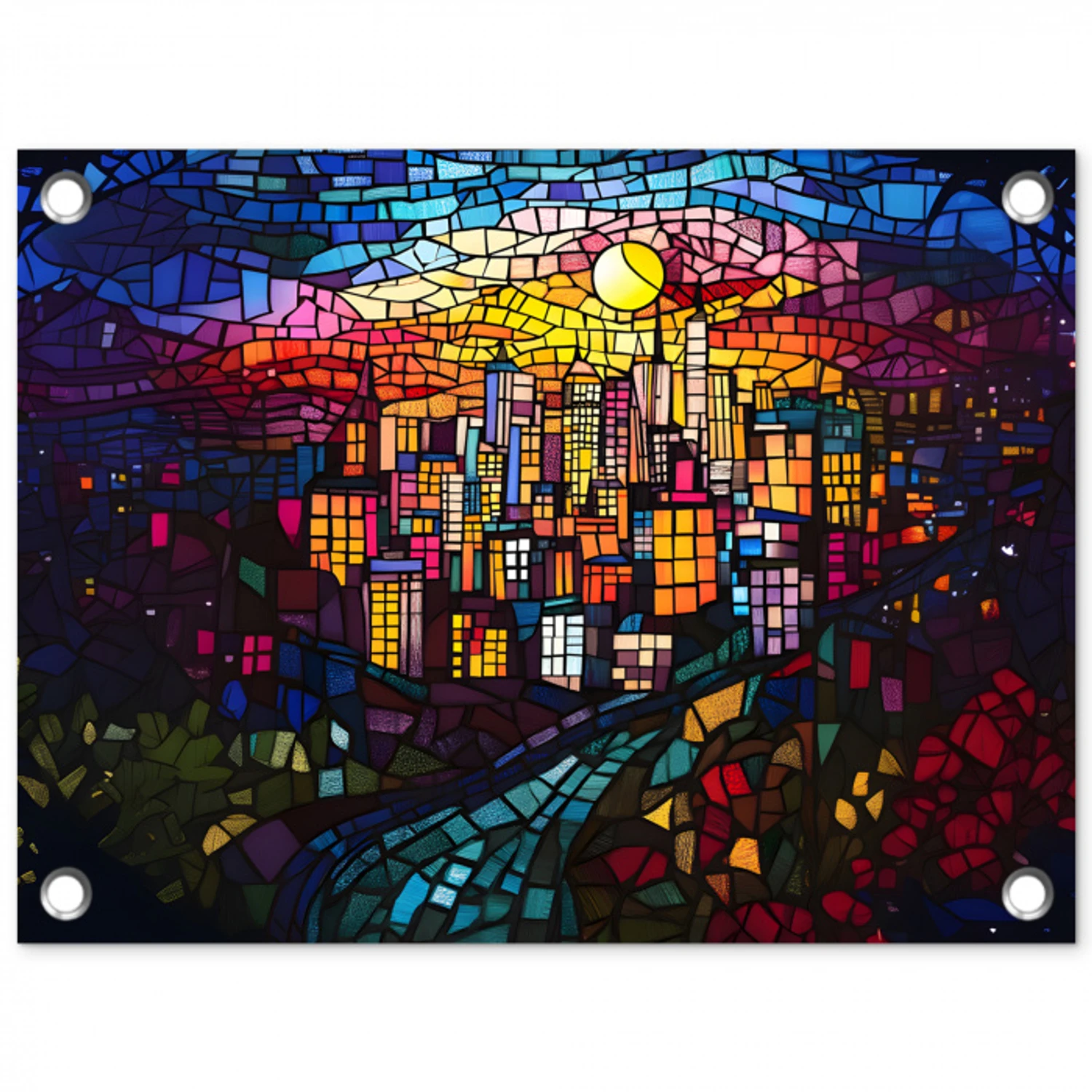 Stad - Maan - Mozaïek - Kleurrijk tuinposter los doek klein -3d