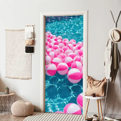 Strandballen - Roze - Water deurposter klein -sfeer6