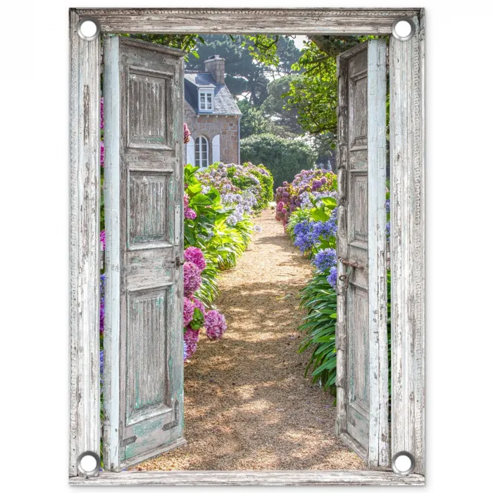 Deur naar een bloementuin tuinposter los doek klein -3d
