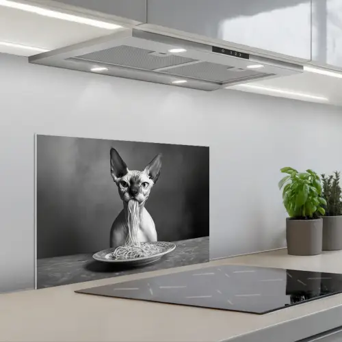 Sphynx - Kat - Dieren - Humor - Spaghetti - Zwart Wit keuken achterwand spatscherm klein -3d_schuin
