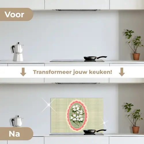 Bloemen - Illustratie - Geruit - Groen keuken achterwand spatscherm klein -voor_na_NL