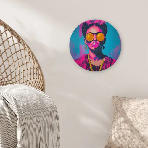 Vrouw - Kauwgom - Zonnebril - Oranje Wandcirkel plexiglas klein -sfeer5