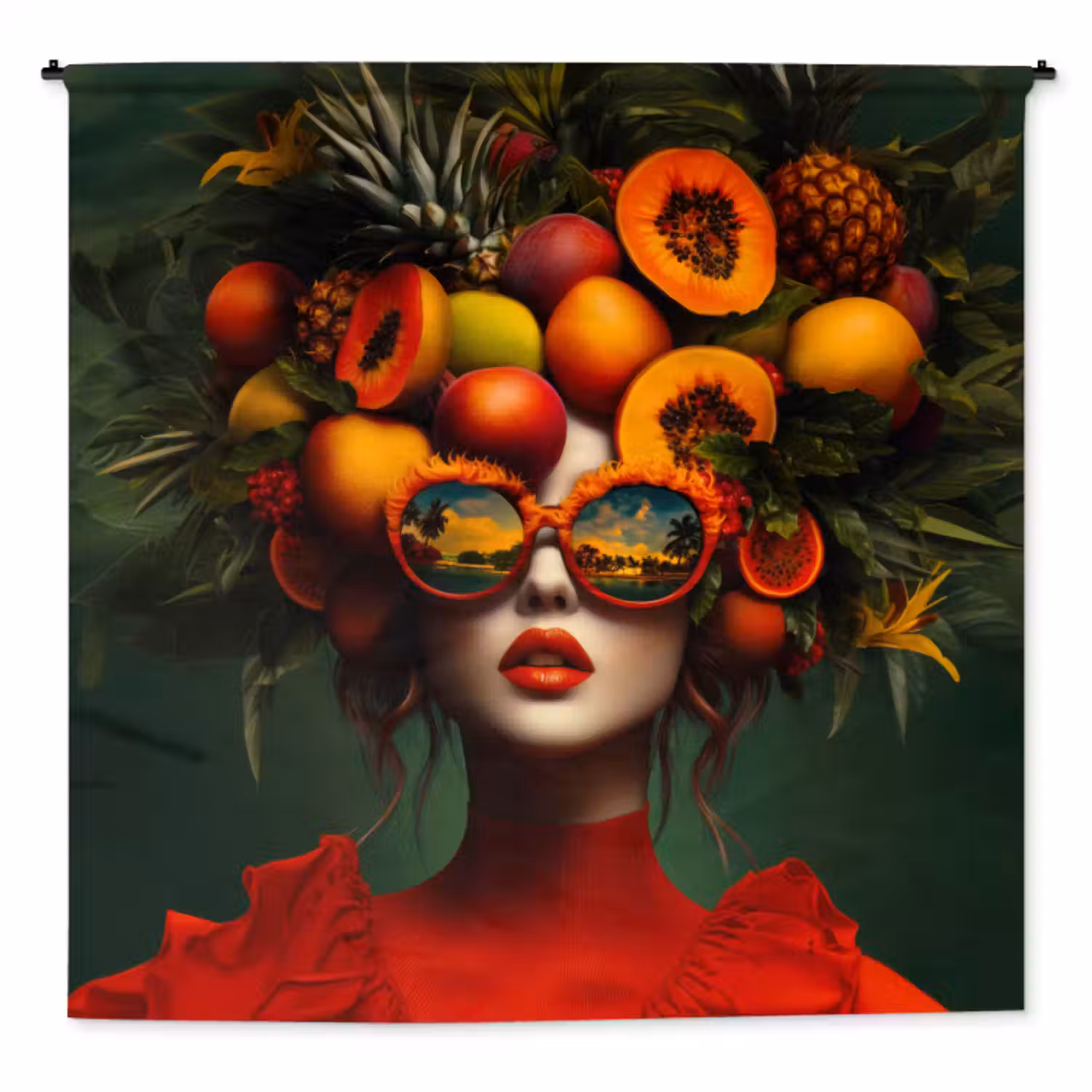 Wandkleed - Vrouw - Vruchten - Papaja - Ananas