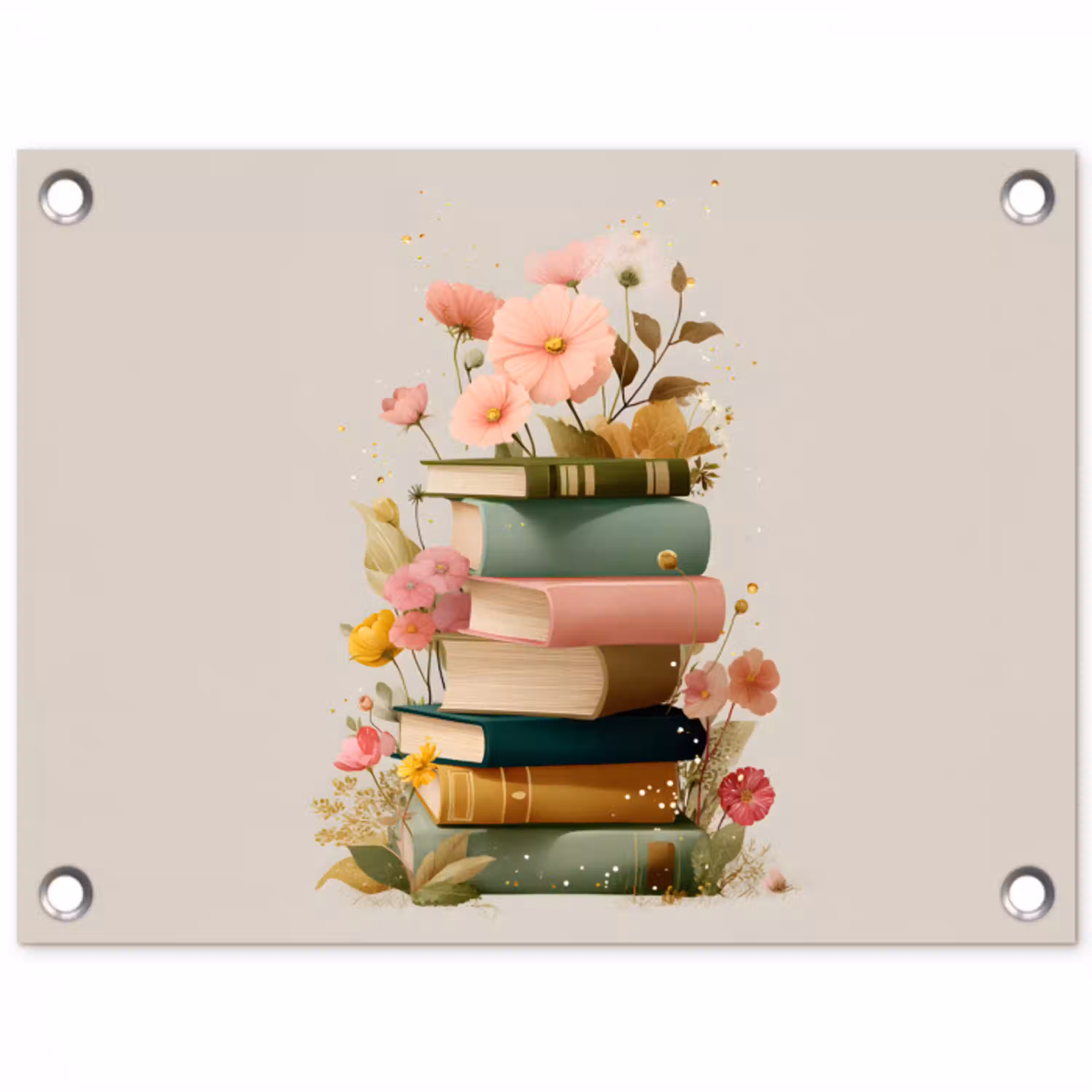Boeken - Stapel - Bloemen - Kleurrijk tuinposter los doek klein -3d
