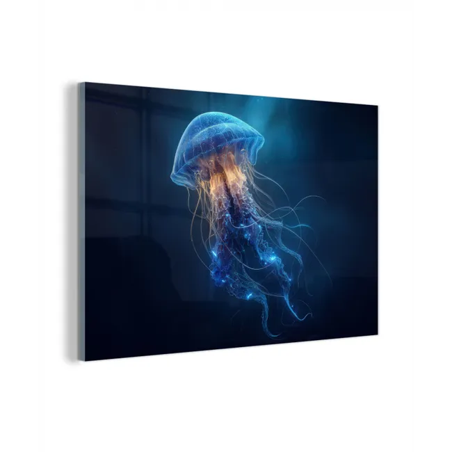 Glas schilderij - Kwal - Lichtgevend - Tentakels - Blauw