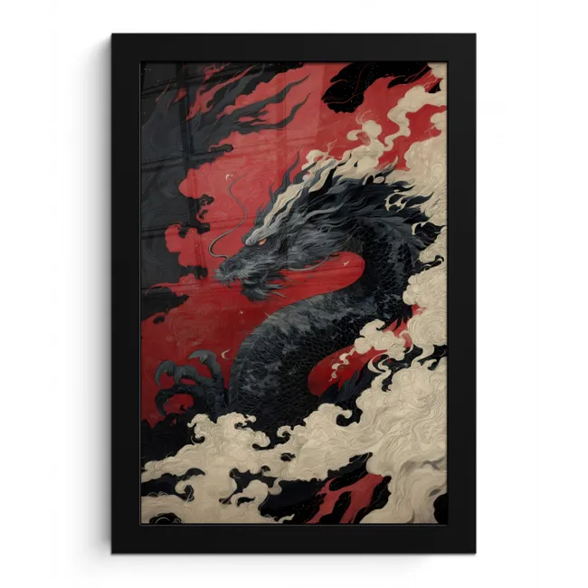 Zwarte draak - Rookwolken - Rood fotolijst zwart zonder passe partout klein -3d
