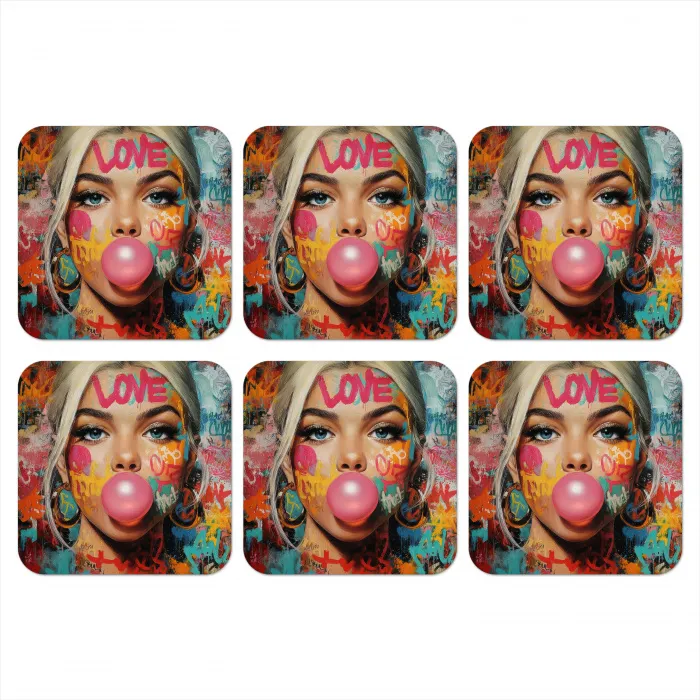 Vrouw - Kauwgom - Graffiti - Love onderzetter kurk middel -3d