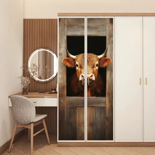 Koe - Doorkijk - Raam - Hout - Dieren deurposter klein -sfeer3