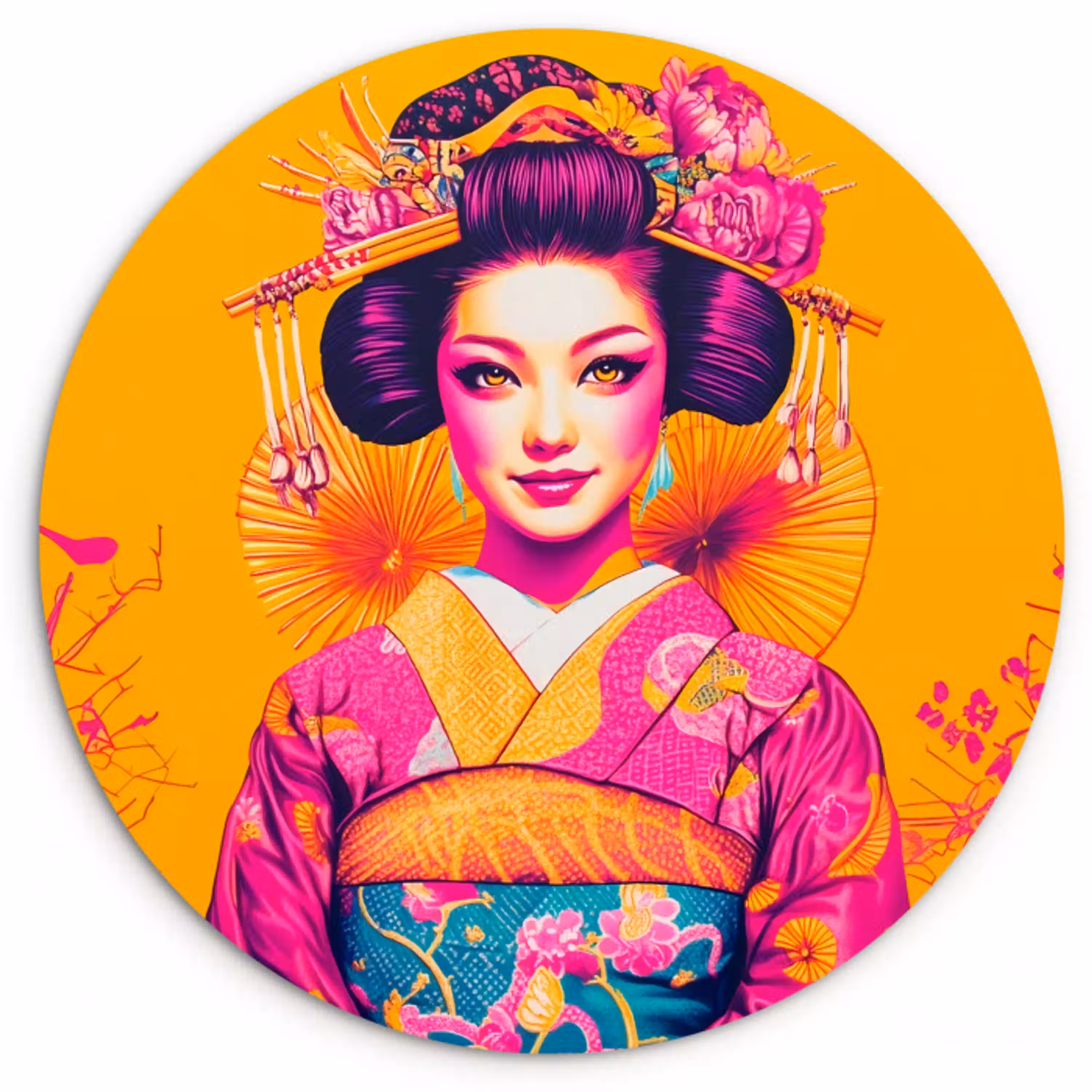 Bloemen - Vrouw - Kimono - Roze Wandcirkel plexiglas klein -3d