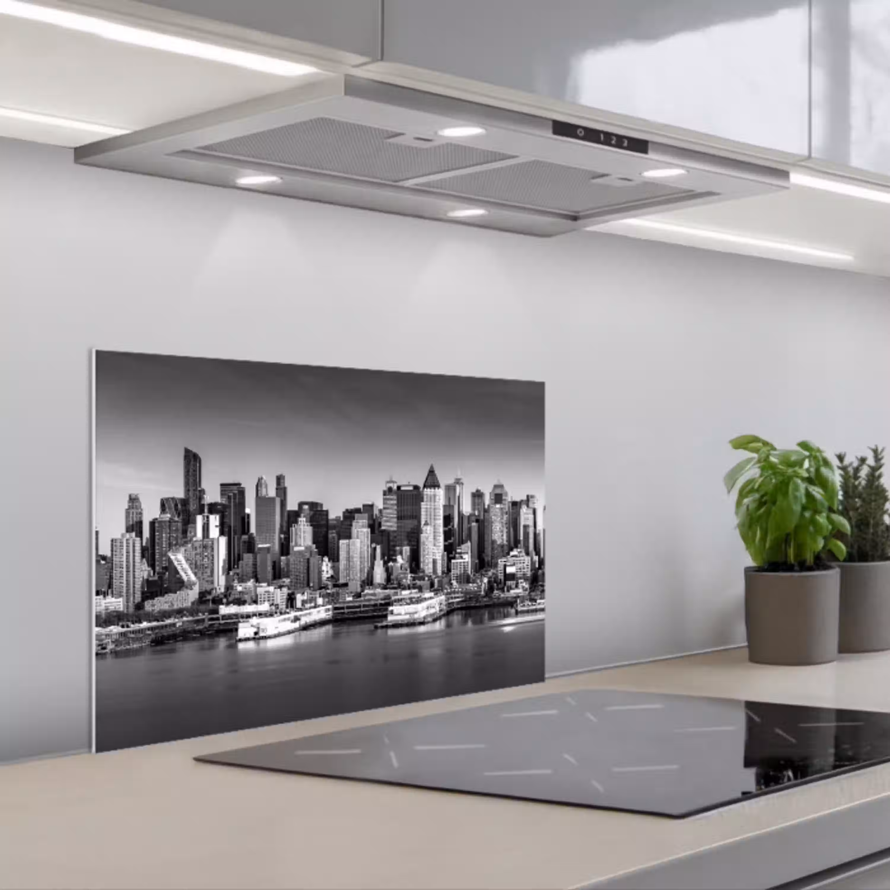 Skyline - Stad - Wolkenkrabbers - Zwart - Wit keuken achterwand spatscherm klein -3d_schuin