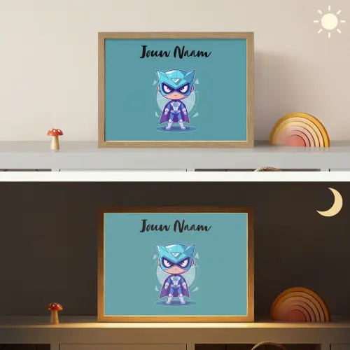 Superheld - Blauw - Jongens Light Box met batterij (Wandlamp kind) middel -sfeer3_kind