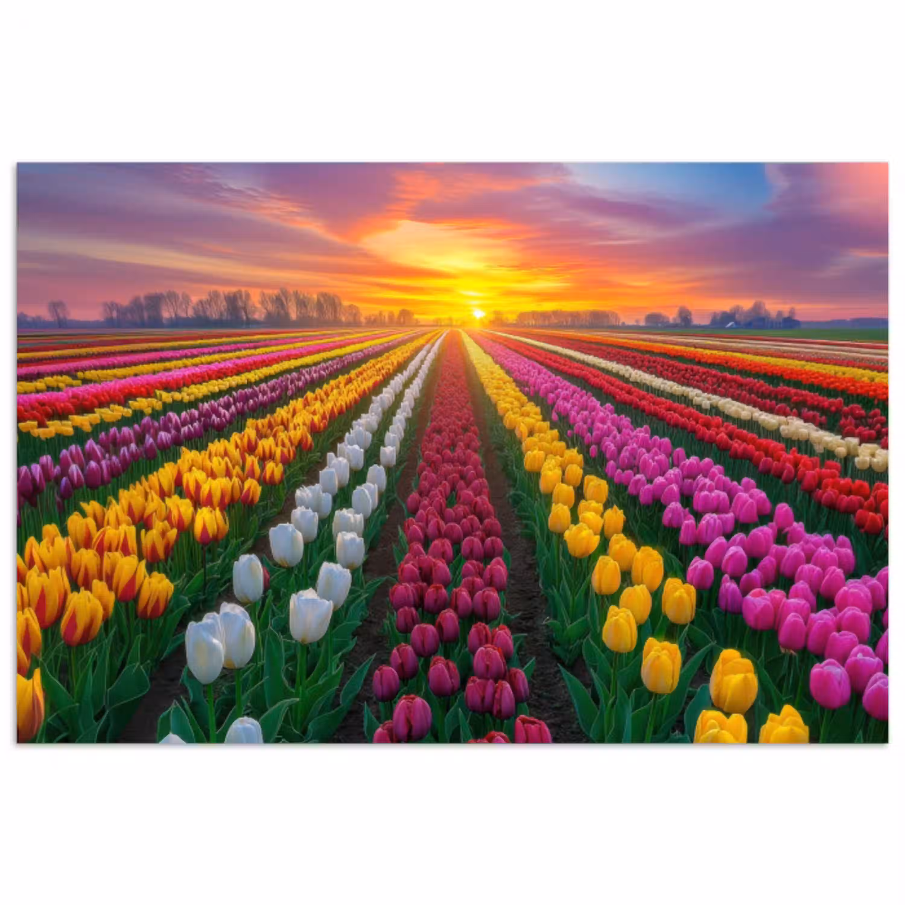 Tulpenveld - Zonsondergang - Kleurrijk poster papier klein -3d