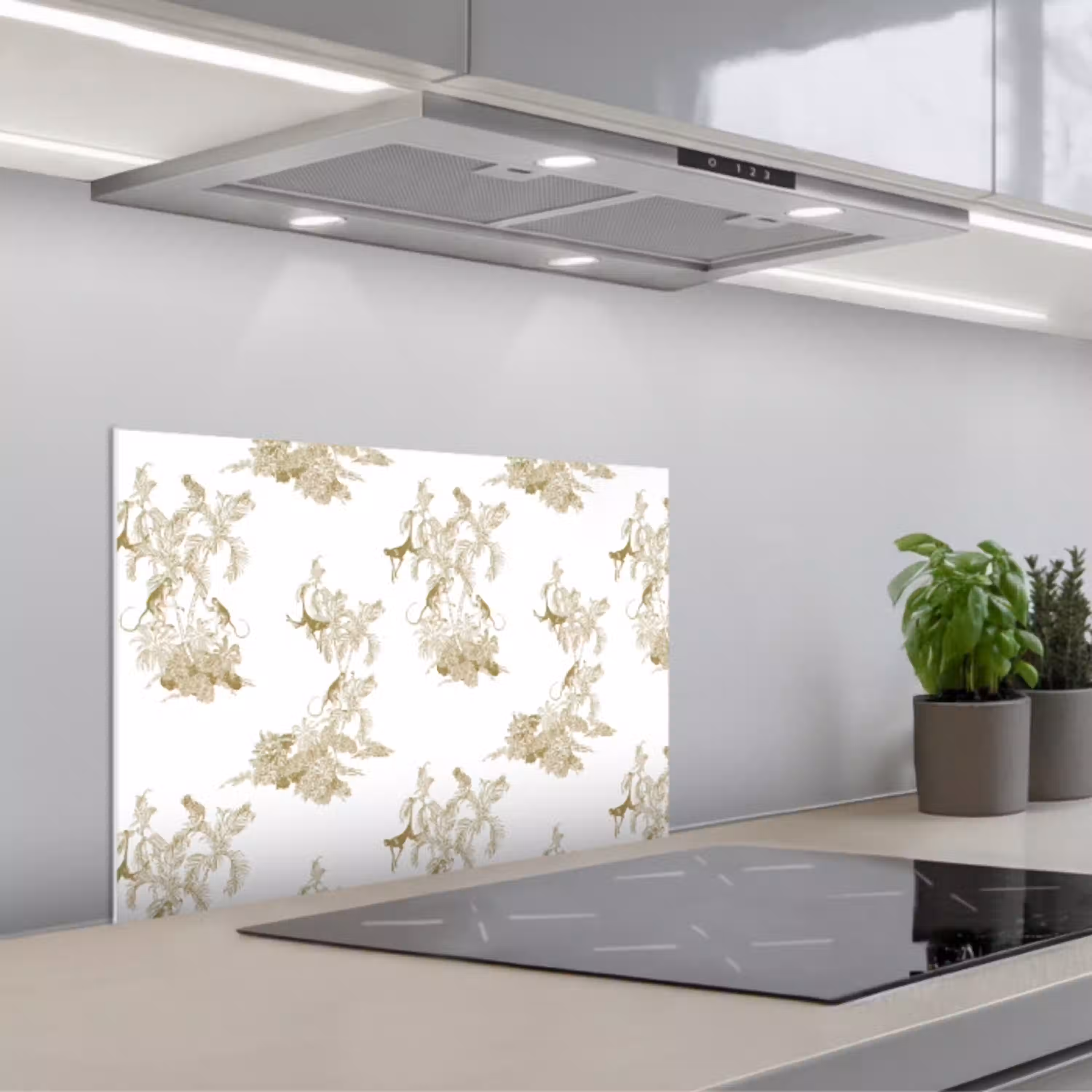 Wit - Apen - Beige keuken achterwand spatscherm klein 900 -3d_schuin
