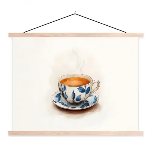 Theekop - Bladeren - Blauw textielposter latten blank klein -3d