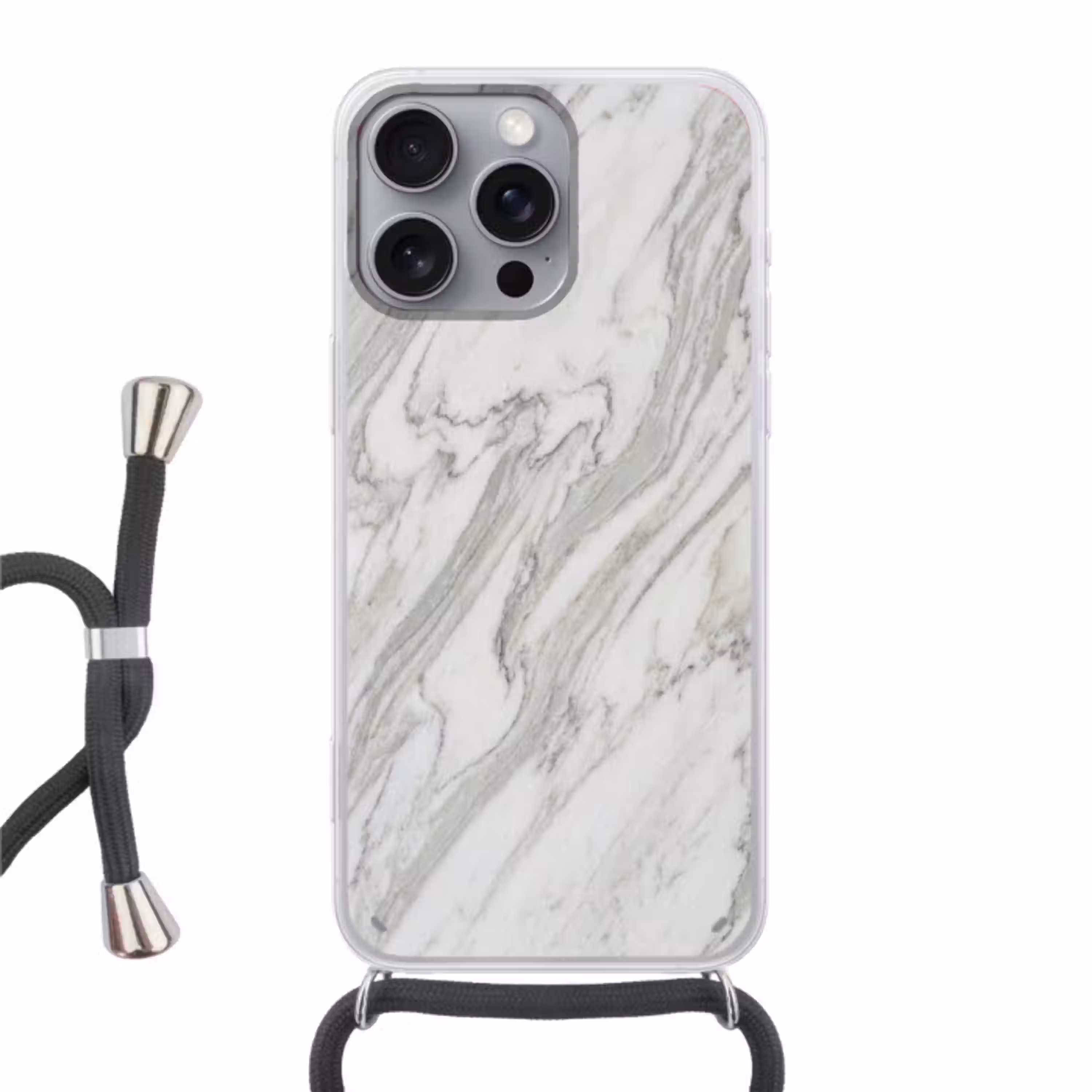 Marmer - Wit - Grijs - Structuur - Modern Hoesje iPhone 16 Pro Max met koord klein -3d