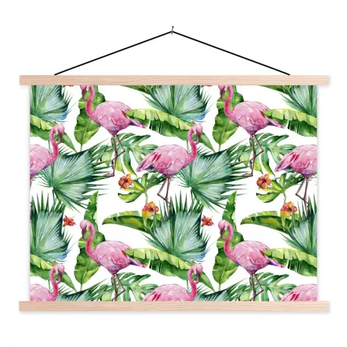 Bladeren - Flamingo - Bloemen - Jungle textielposter latten blank klein -3d