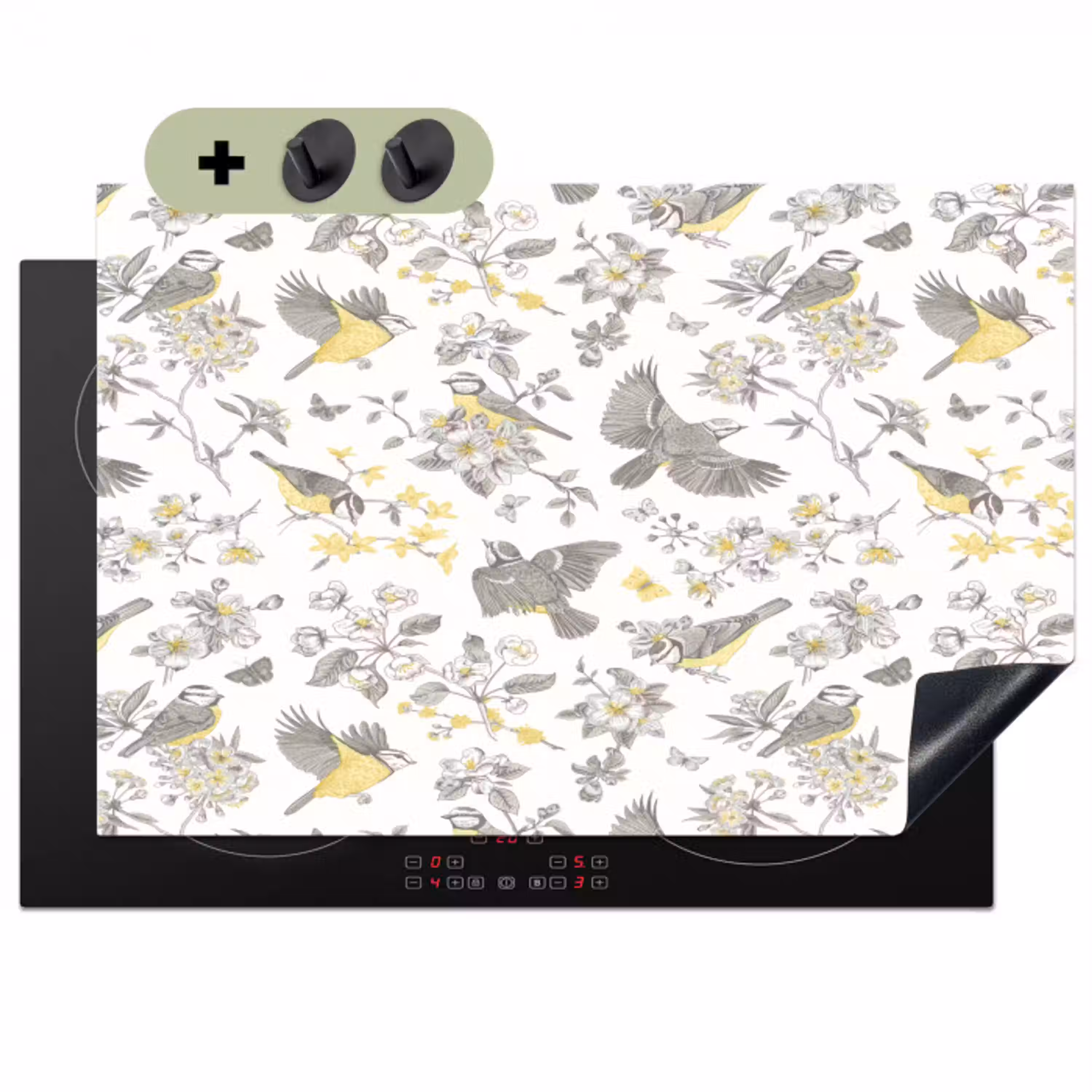 Birds - Flowers - Gray - Yellow Inductie beschemer met haakjes klein 777 -3d