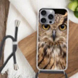 Oehoe - Uil - Portret - Bruin Hoesje iPhone 16 Pro Max met koord klein -sfeer4