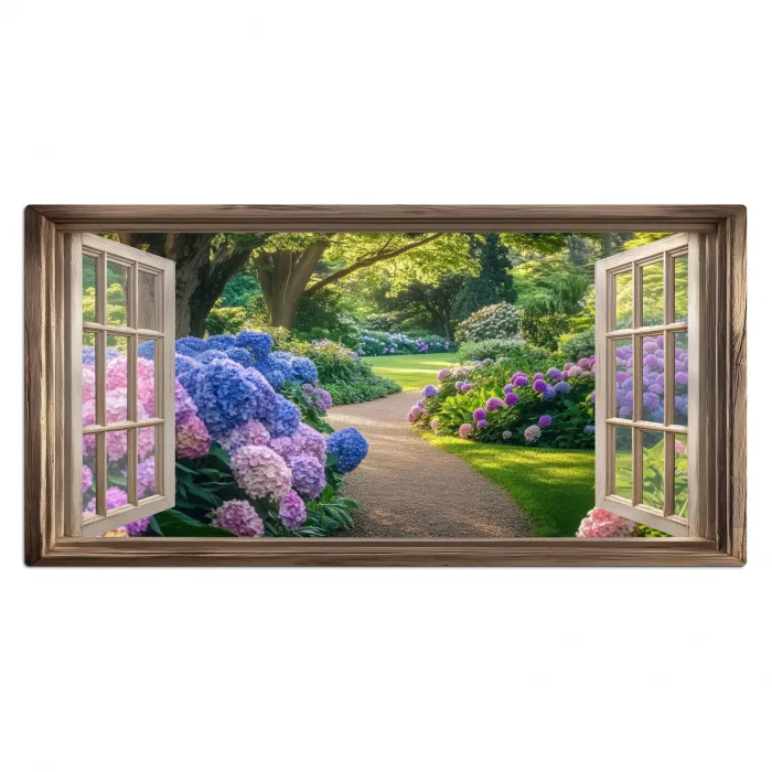 Doorkijk - Tuin - Raam - Hortensia - Bloemen Muismat XXL klein -3d_leeg